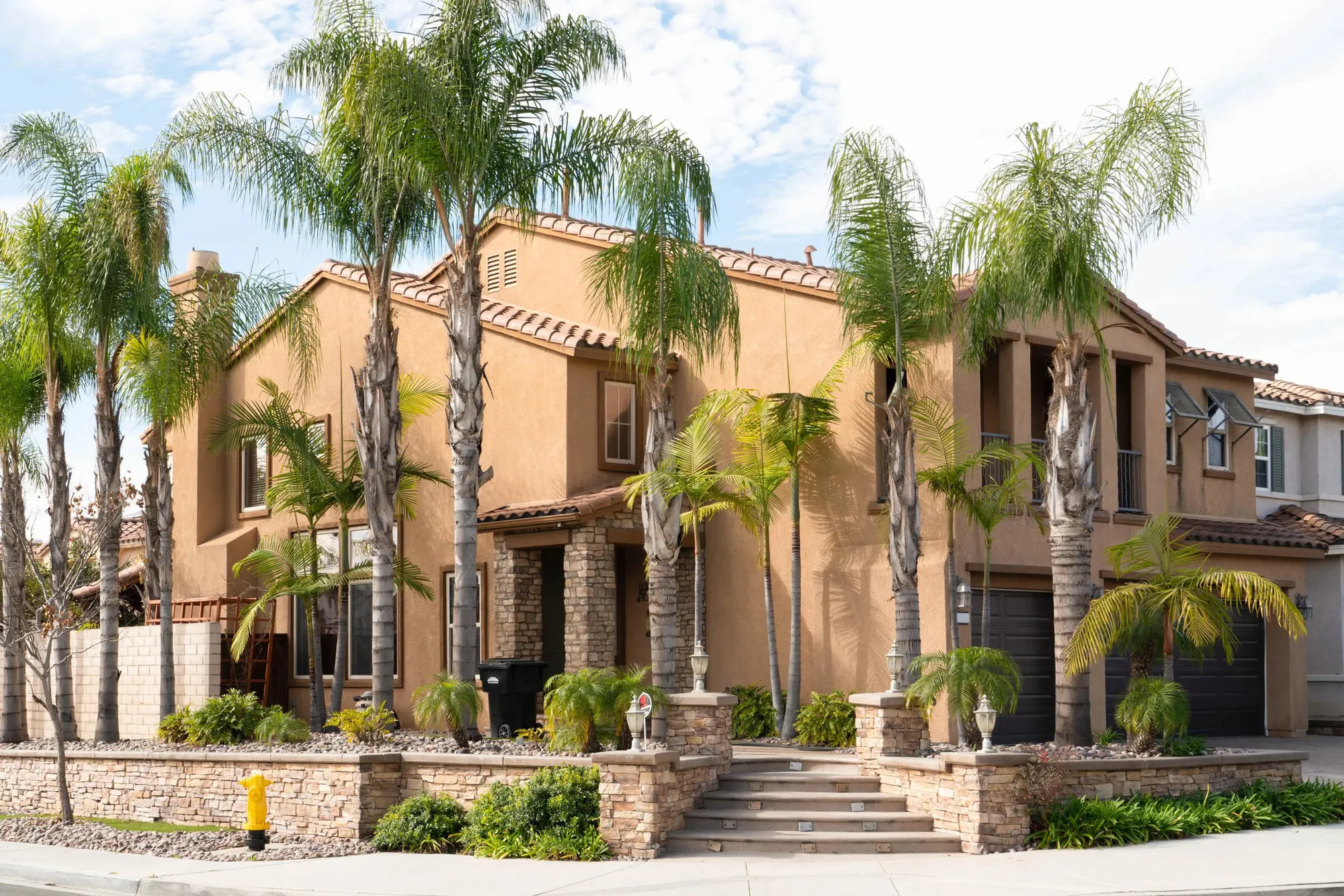 Aventine townhomes with palm trees and a stone stairway